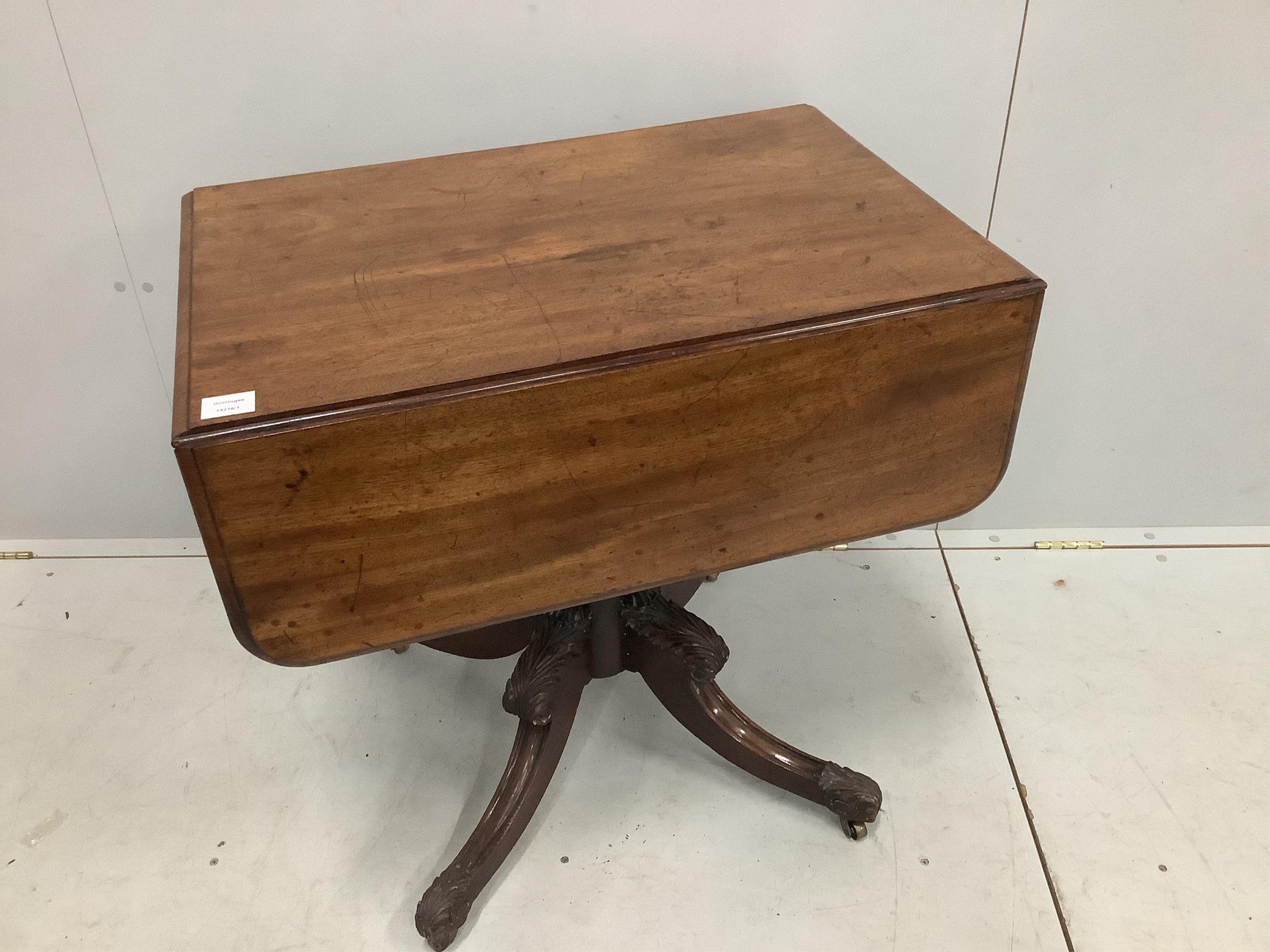 A small late Regency mahogany Pembroke table, width 76cm, depth 52cm, height 74cm. Condition - fair to good